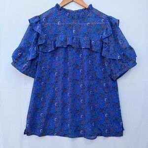 LOFT Cobalt Blue Ditsy Floral Ruffle Blouse | Medium | Mock Neck Boho Top SZ Med
